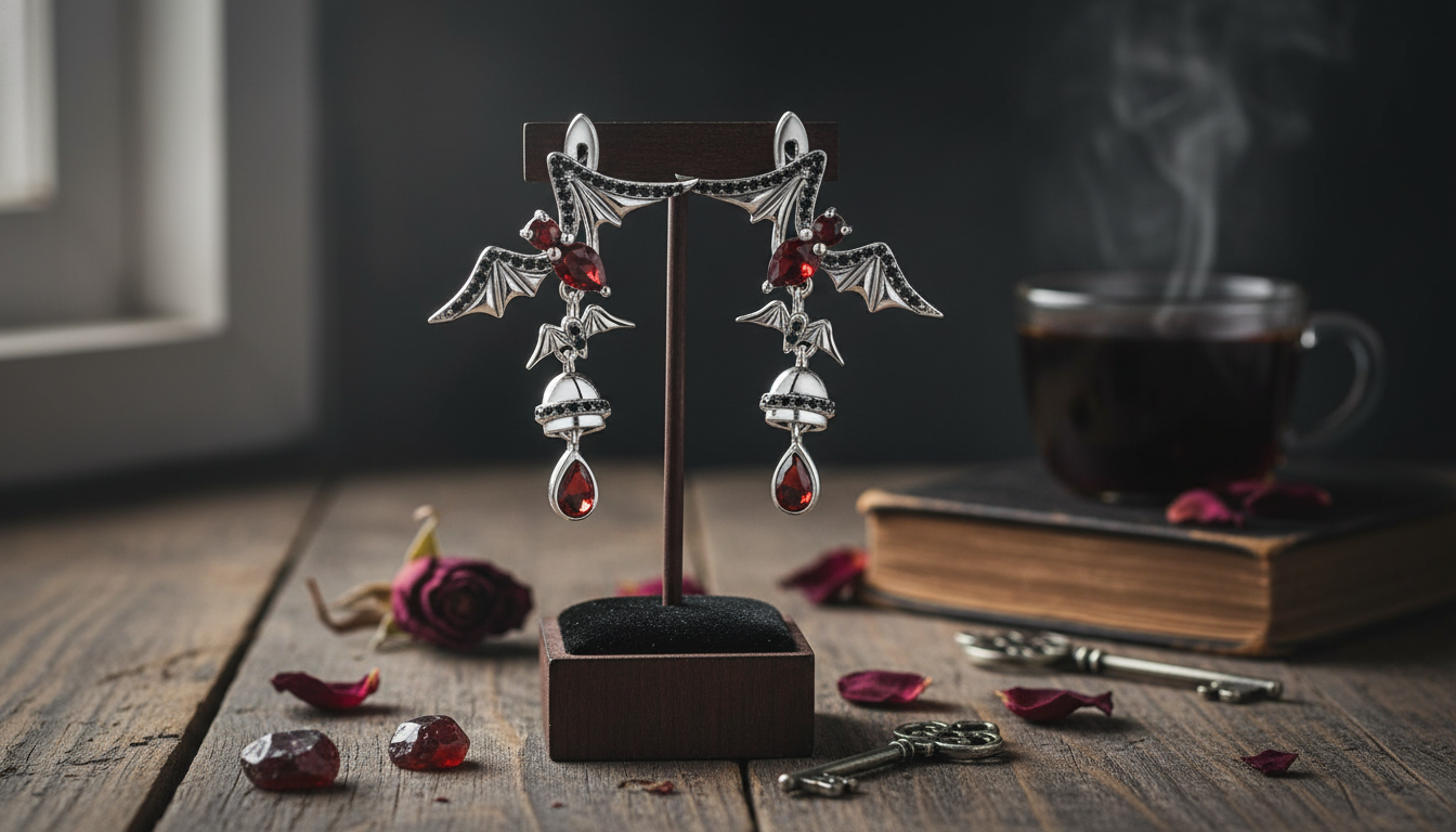Garnet Bat Drop Earrings: 925 Sterling Silver Gothic
