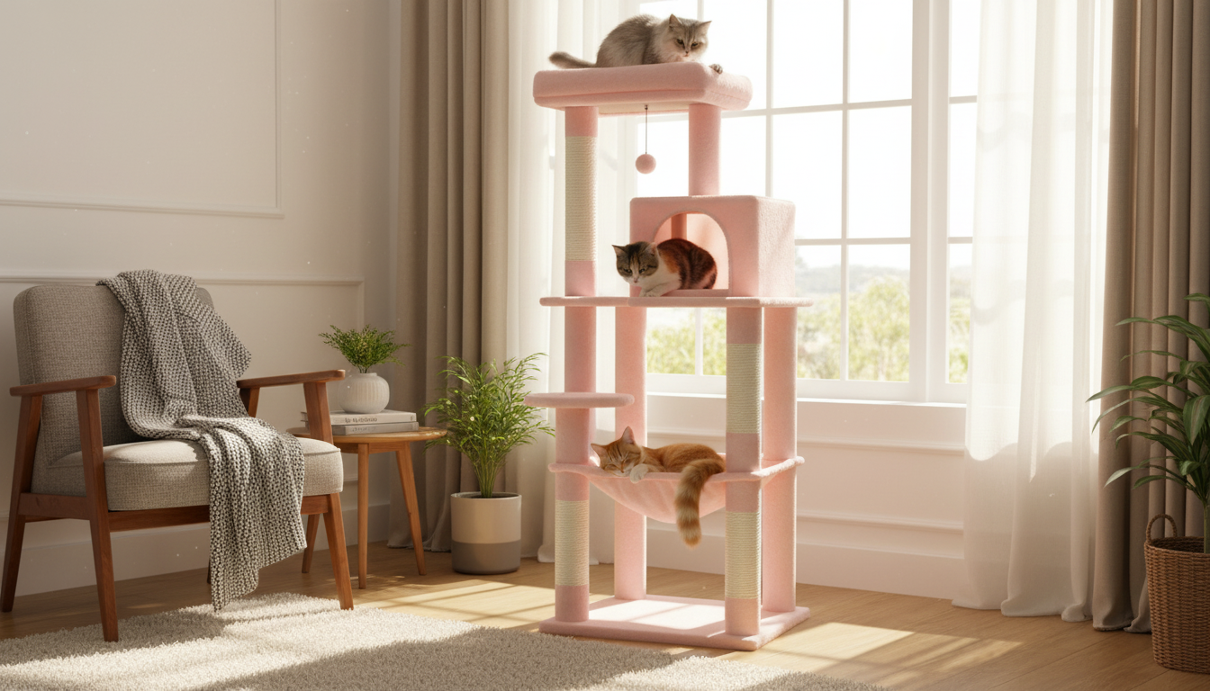 Pink Cat Tree Tower: Hammock, Condo & Scratching Posts