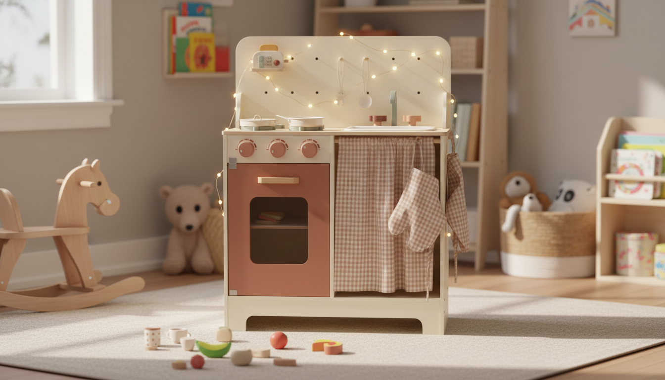 Rustic Wooden Play Kitchen for Kids (3+) with Lights