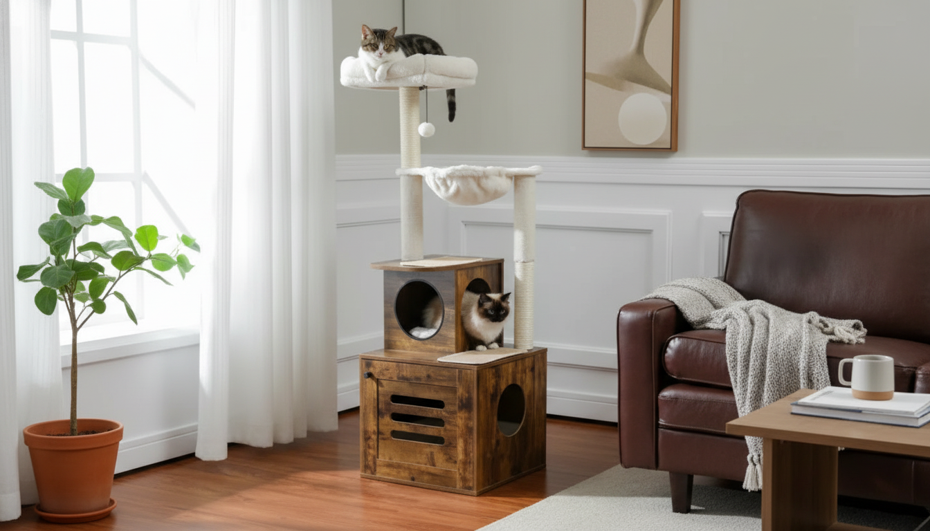 Wooden Cat Tree Tower with Hidden Litter Box & Scratchers