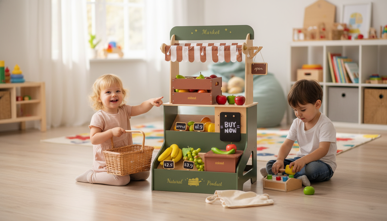 Wooden Supermarket Stand Playset for Pretend Shopping