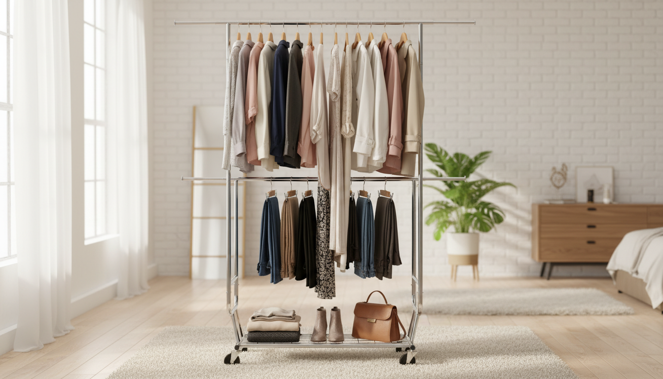 Adjustable Double Rod Garment Rack with Shelf Storage
