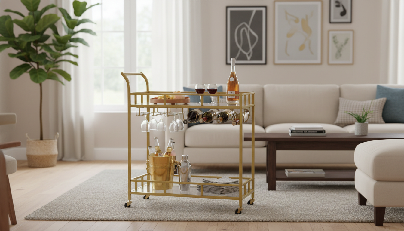 Gold Bar Cart: Lockable Wheels & Tempered Glass Shelves
