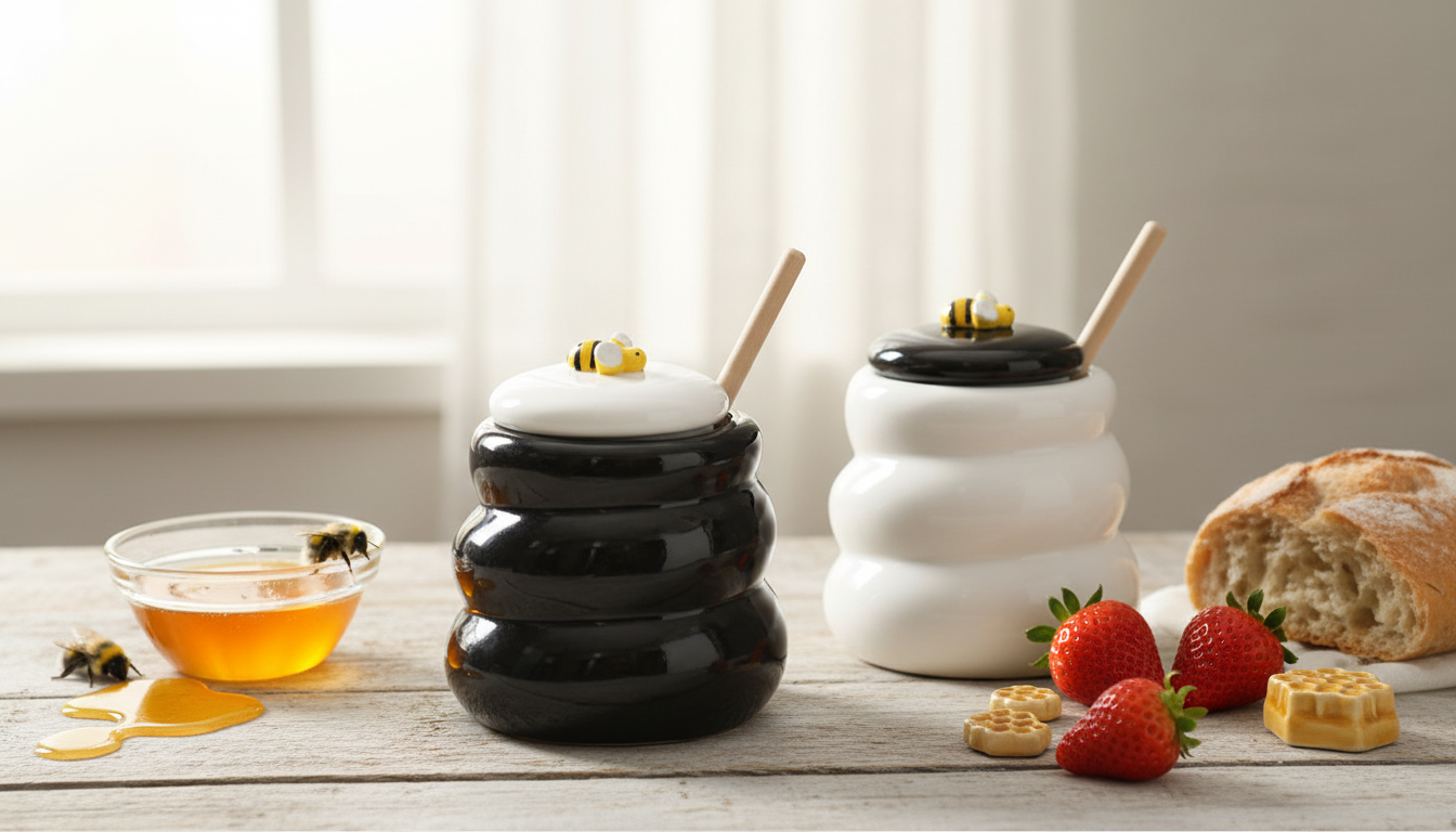 Ceramic Honey Jar Set: Lid & Wooden Dipper for Drizzle